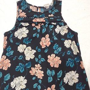 MERONA SLEEVELESS TEAL BLACK PEACH FLORAL BLOUSE OPEN CIRCLE STITCHED ACCENT MED